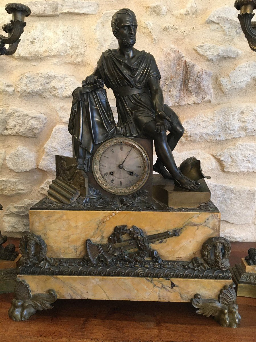 Important Fireplace Clock Set In Bronze And Sienna Marble-photo-2