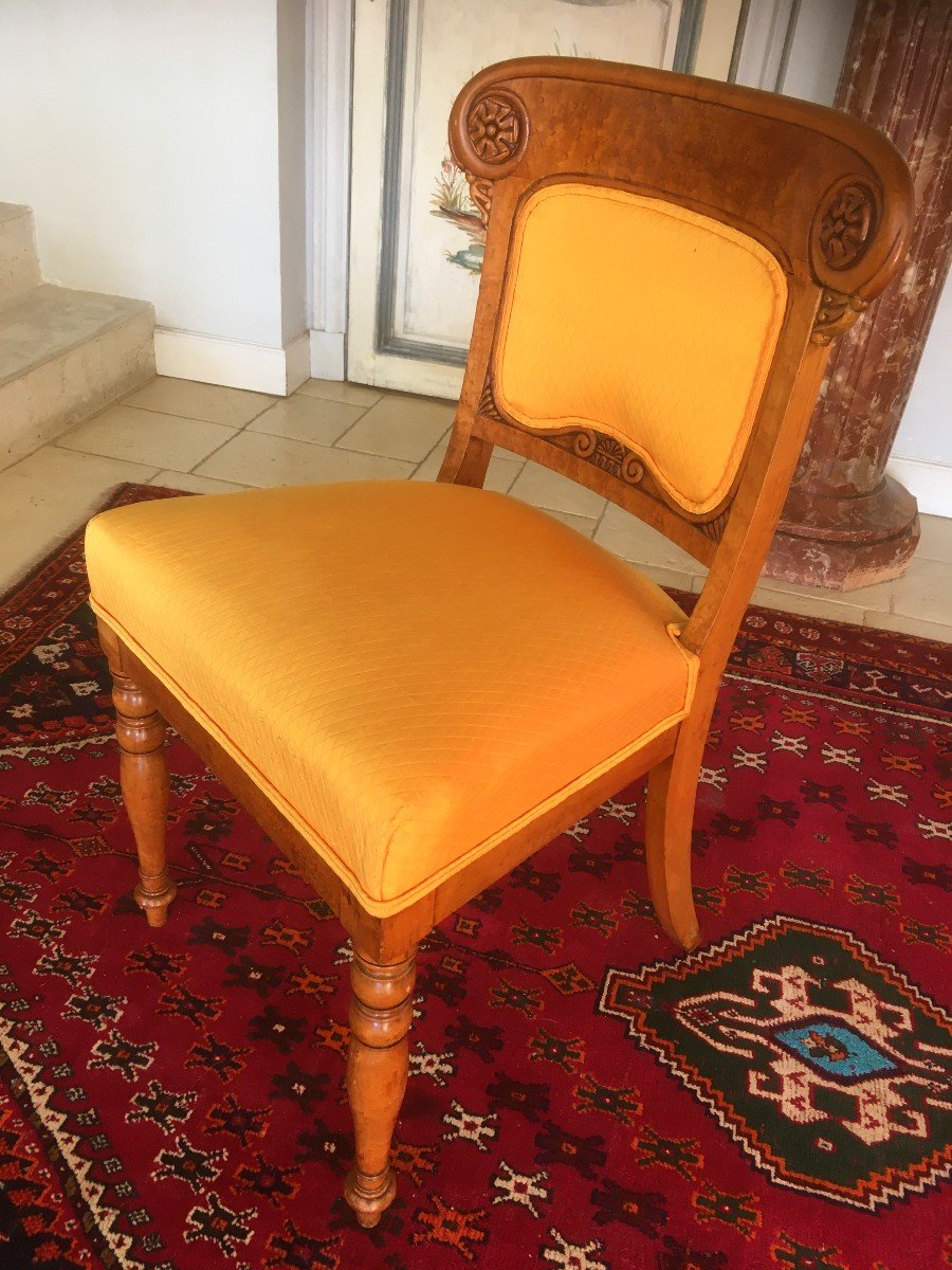 Rare Suite De 6 Chaises Charles X En érable Moucheté-photo-2