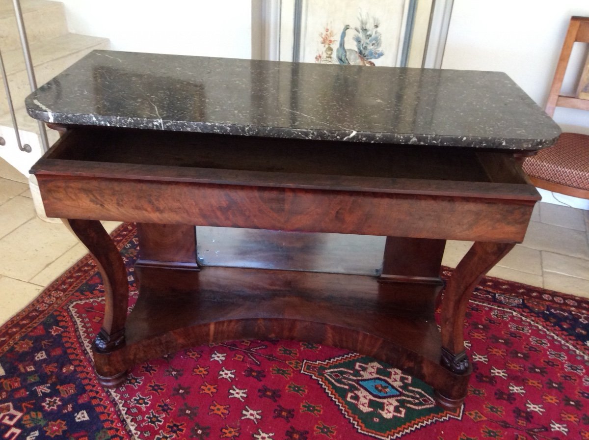 Empire Console In Mahogany With Mirror Bottom And Marble Top-photo-2