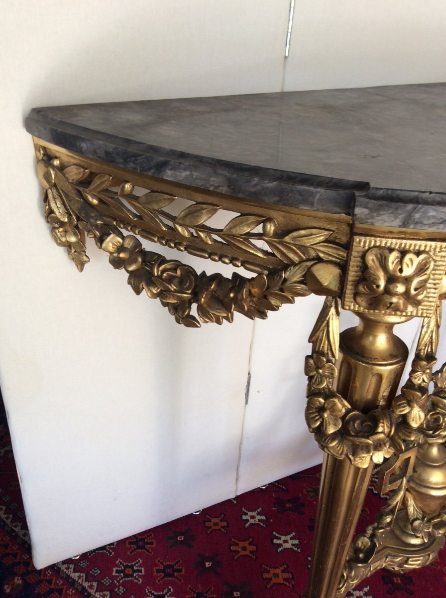Élégante Console Demi-lune Louis XVI En Bois Doré Plateau marbre -photo-2