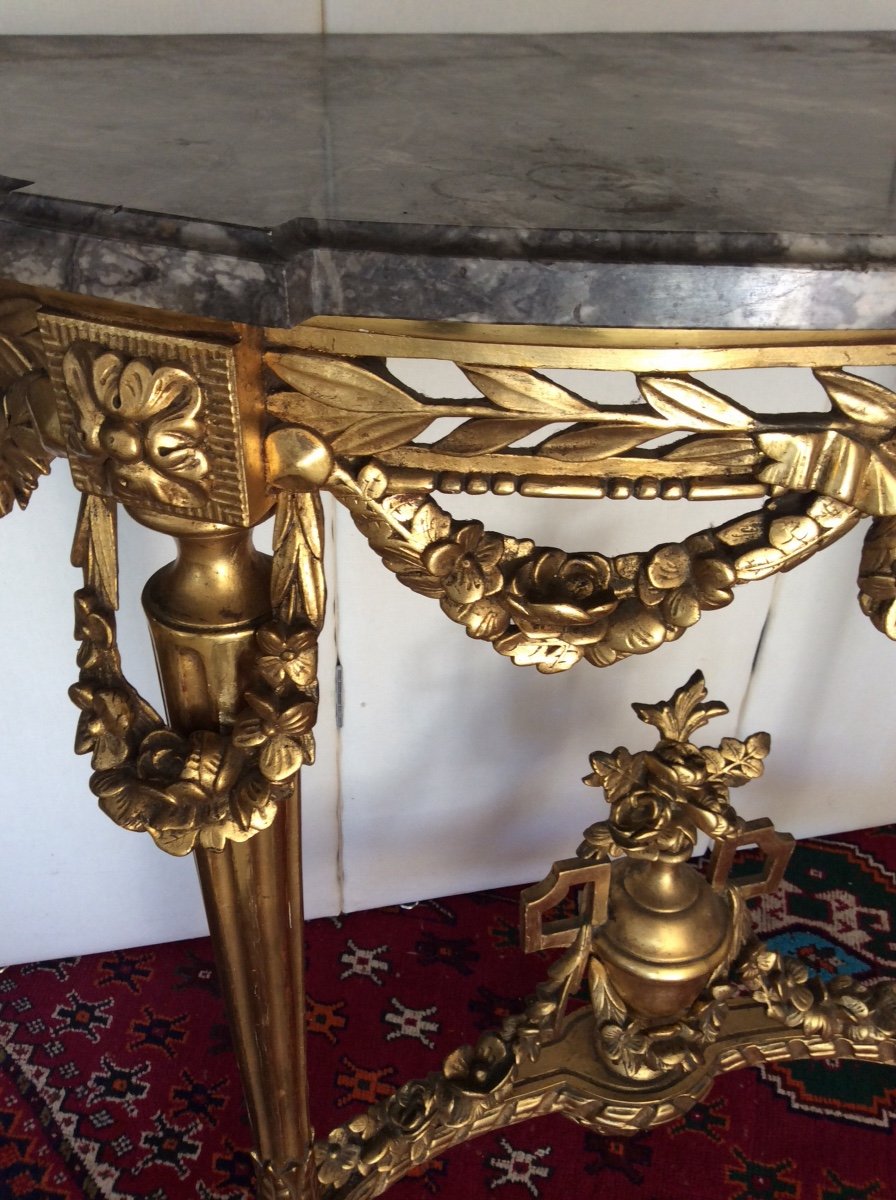 Élégante Console Demi-lune Louis XVI En Bois Doré Plateau marbre -photo-3