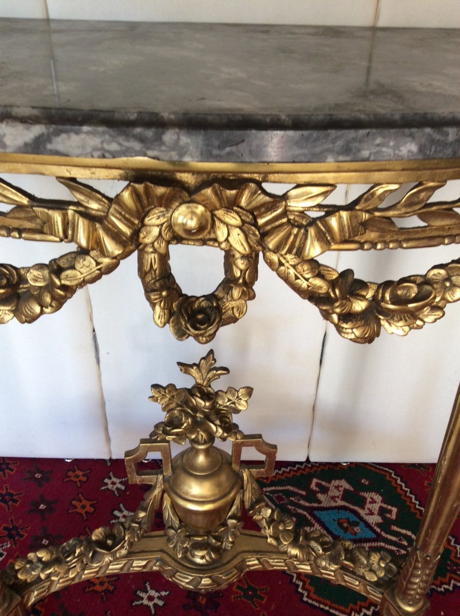 Élégante Console Demi-lune Louis XVI En Bois Doré Plateau marbre -photo-4