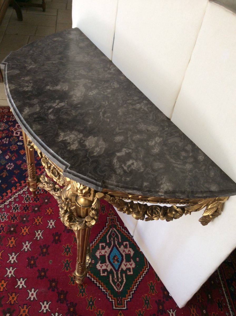 Élégante Console Demi-lune Louis XVI En Bois Doré Plateau marbre -photo-7