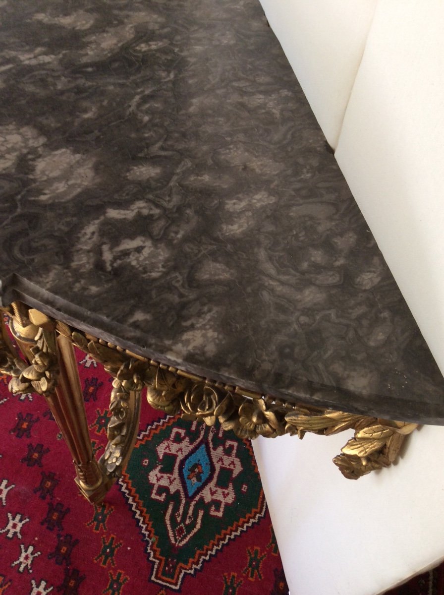 Élégante Console Demi-lune Louis XVI En Bois Doré Plateau marbre -photo-8