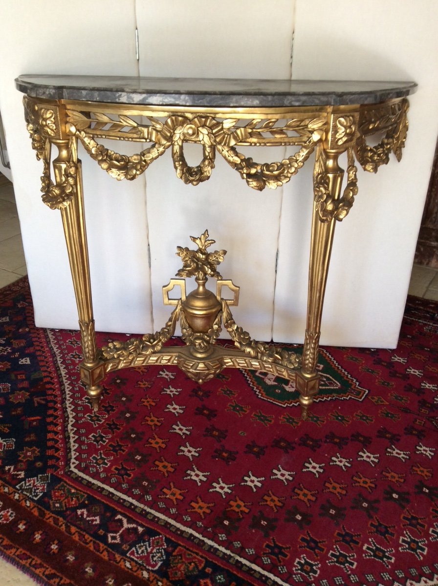 Élégante Console Demi-lune Louis XVI En Bois Doré Plateau marbre 