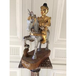 Burmese Equestrian Statue In Golden Wood