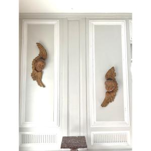 Paire De Têtes D’angelots Ailés En Bois Sculpté époque XVIII E 