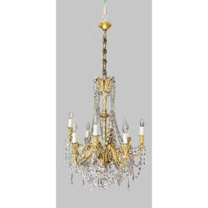 8-light Chandelier In Gilded Bronze With Crystal Tassels