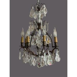 Bronze Cage Chandelier With Crystal Plaques