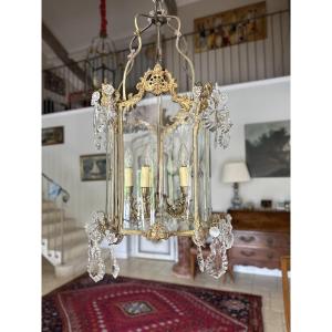 Grande lanterne de vestibule en bronze doré et plaquettes de cristal