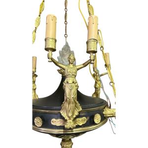 Ten-light Empire-style Chandelier In Gilded Bronze And Patinated Sheet Metal