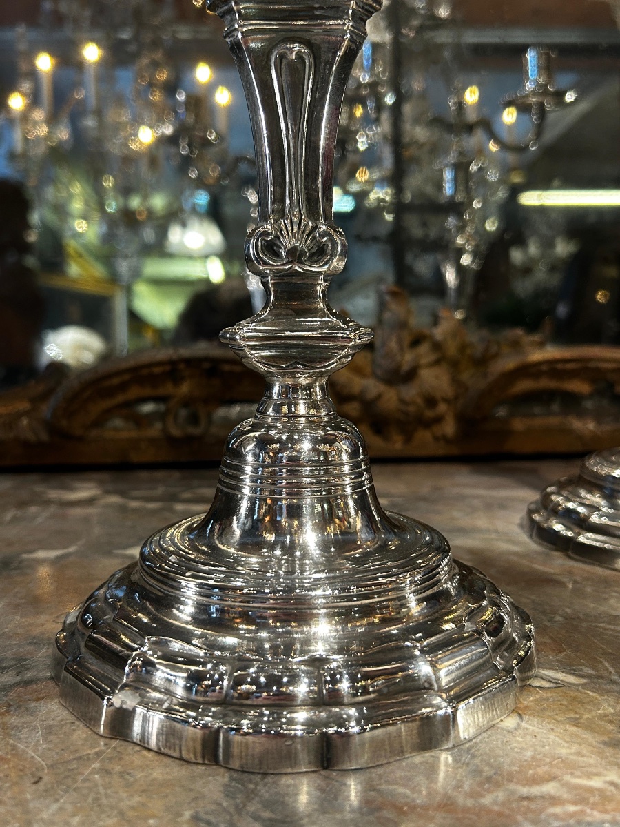 Pair Of Two-light Silver-plated Candlesticks, Regency Period-photo-2
