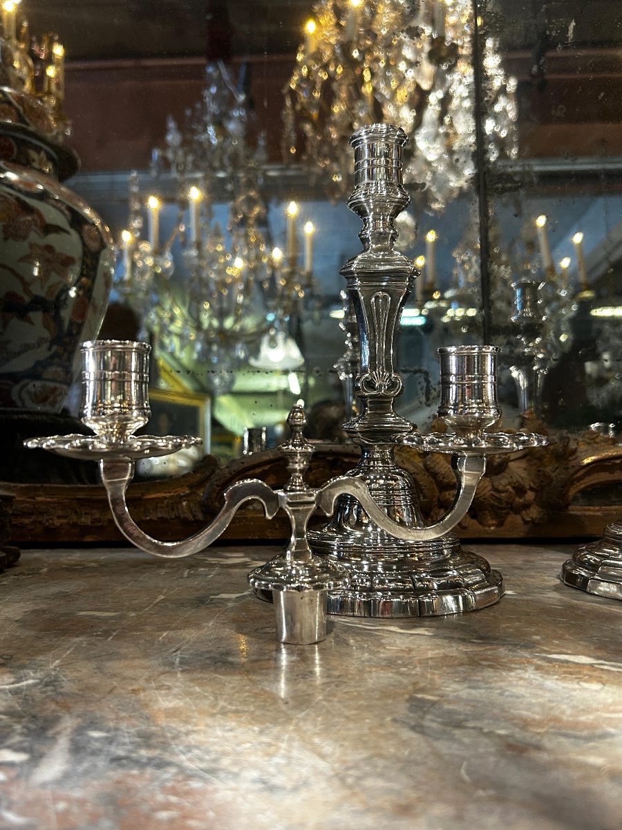 Pair Of Two-light Silver-plated Candlesticks, Regency Period-photo-3