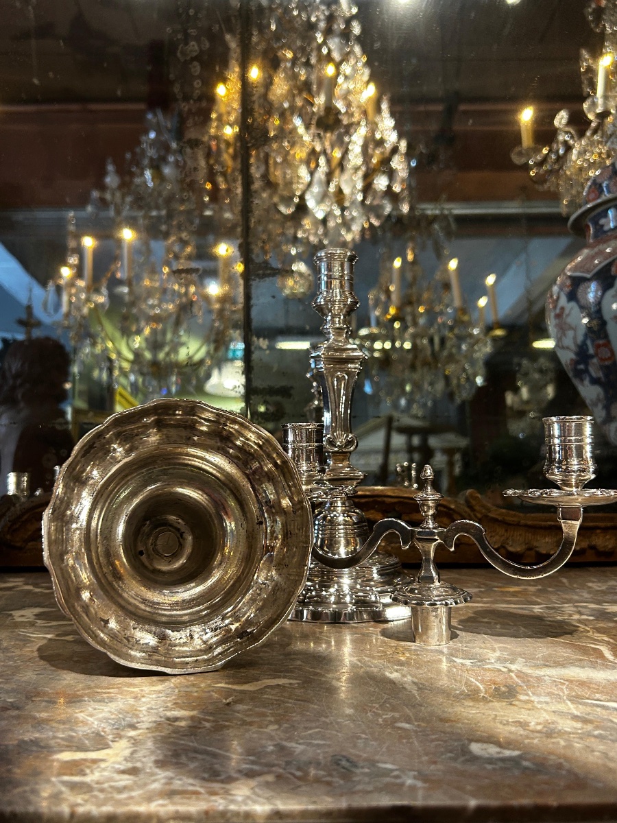 Pair Of Two-light Silver-plated Candlesticks, Regency Period-photo-4