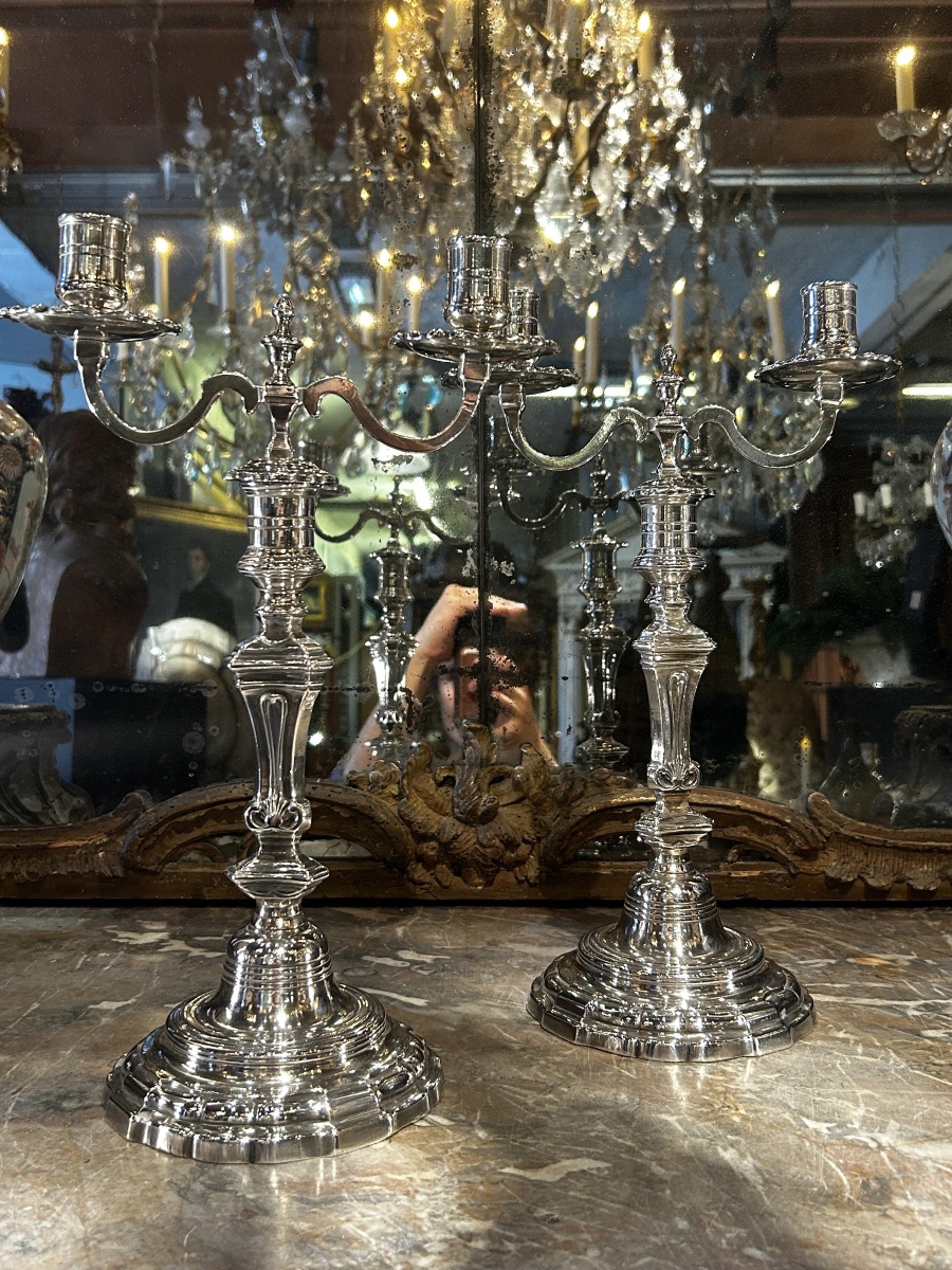 Pair Of Two-light Silver-plated Candlesticks, Regency Period-photo-1