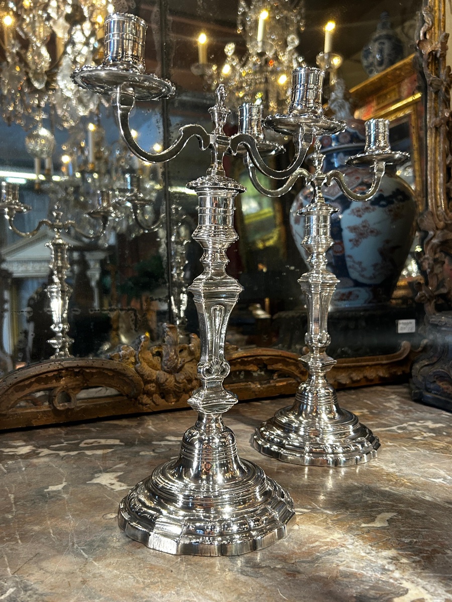Pair Of Two-light Silver-plated Candlesticks, Regency Period