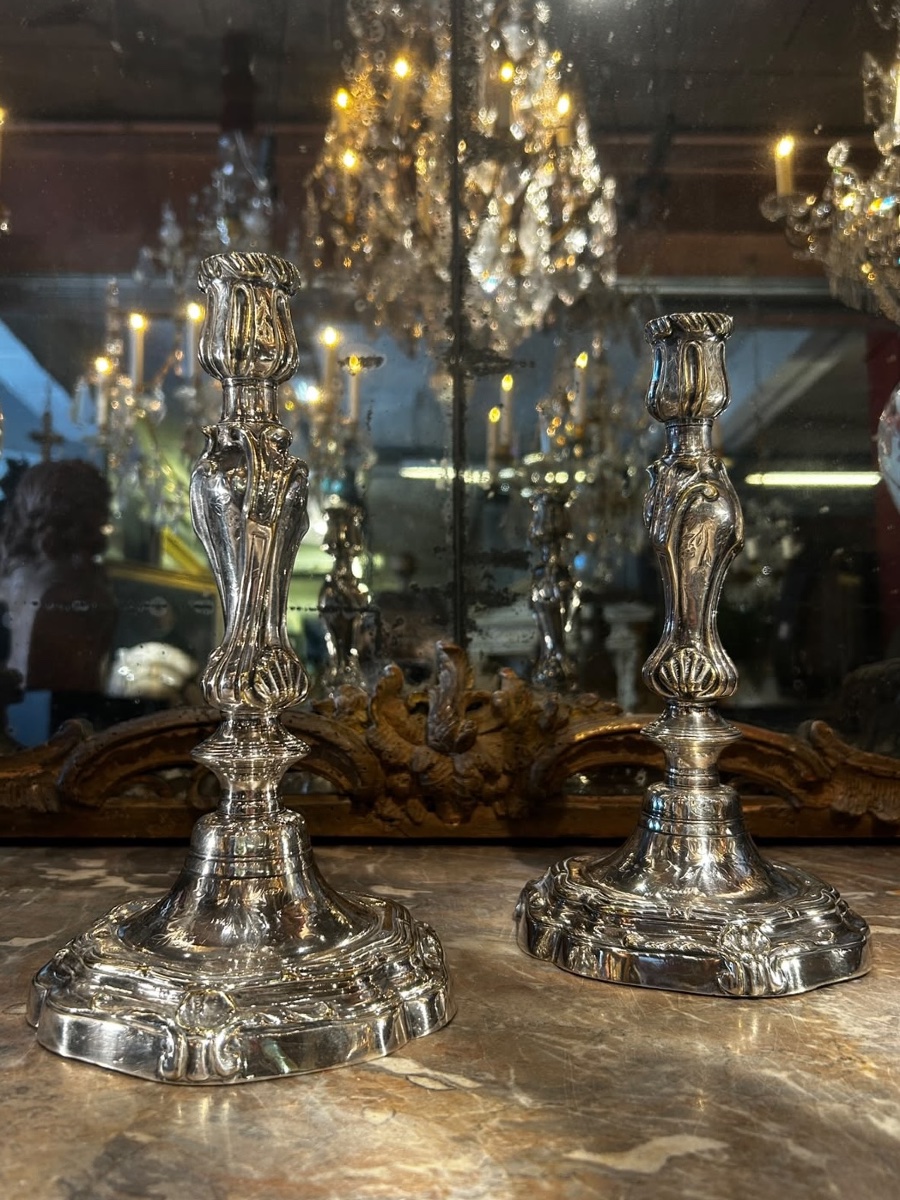 Pair Of Silver-plated Chiseled Metal Candlesticks From The Louis XV Period