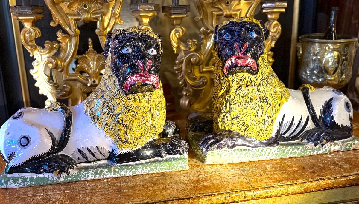 Paire de Lions en faïence Luneville vers 1800-photo-4