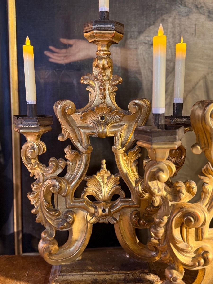 Pair Of Gilded Wooden Candlesticks, 18th Century-photo-2