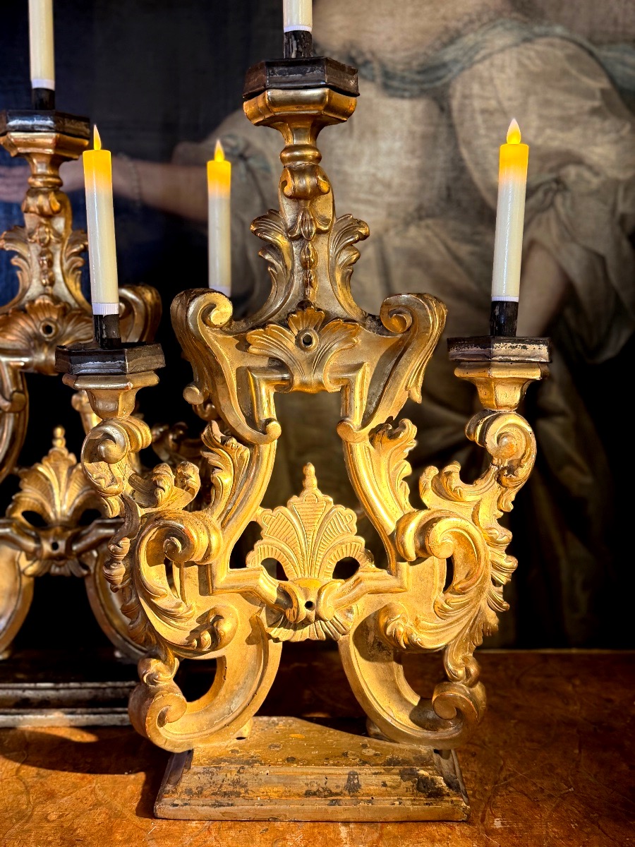 Pair Of Gilded Wooden Candlesticks, 18th Century-photo-2
