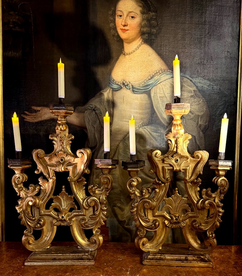 Pair Of Gilded Wooden Candlesticks, 18th Century-photo-3