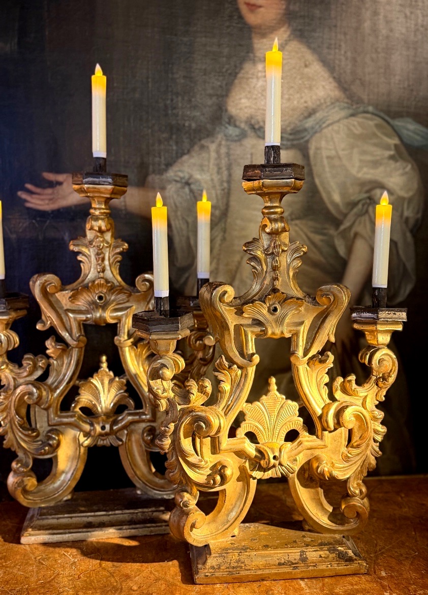 Pair Of Gilded Wooden Candlesticks, 18th Century