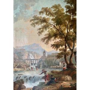 Large 18th Century Landscape Fishermen In Tivoli