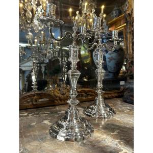 Pair Of Two-light Silver-plated Candlesticks, Regency Period