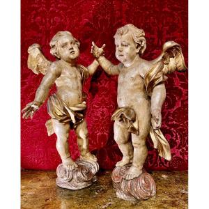 Beautiful Pair Of 18th Century Wooden Angels