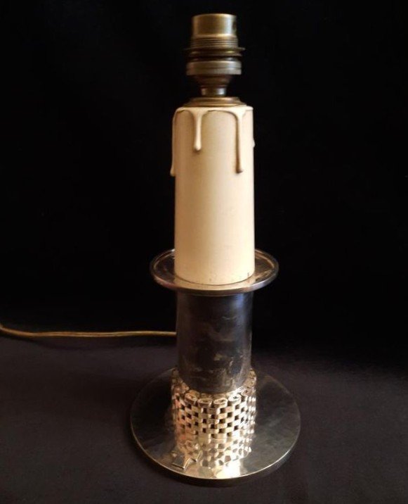 Jean Despres - Candlestick Mounted In Silver Metal Lamp (20th Century)-photo-3