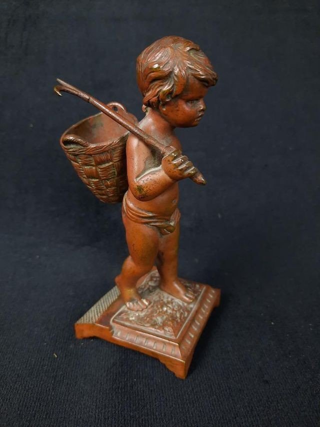 Sculpture En Bronze - Enfant à La Hotte - XIXe Siècle-photo-1