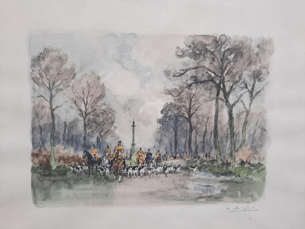 Watercolor On Paper - Hunting With Hounds - La Brige (20th Century)-photo-2