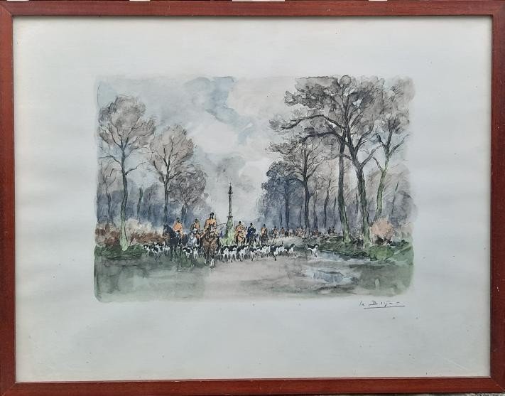 Watercolor On Paper - Hunting With Hounds - La Brige (20th Century)-photo-3