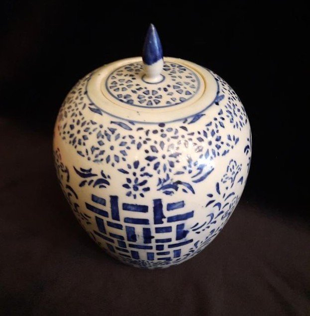 Pot Couvert / Potiche Chinois Blanc Et Bleu En Porcelaine (xxe Siècle)-photo-3