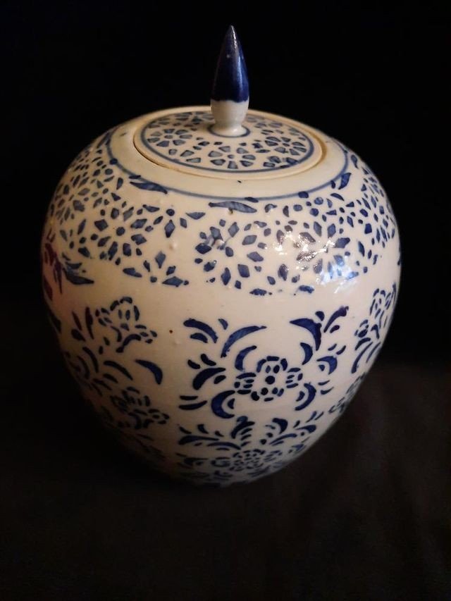 Pot Couvert / Potiche Chinois Blanc Et Bleu En Porcelaine (xxe Siècle)-photo-4