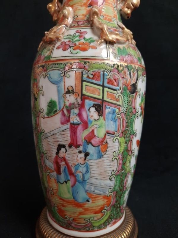 Vase En Porcelaine Montée En Lampe - Chine Canton (xixe Siècle)-photo-4