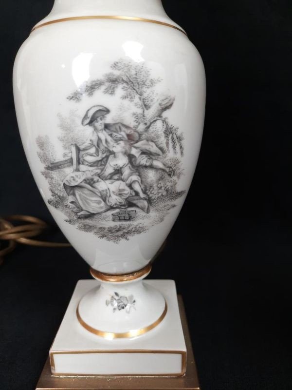 Pair Of Grisaille Porcelain Lamps (19th Century)-photo-3