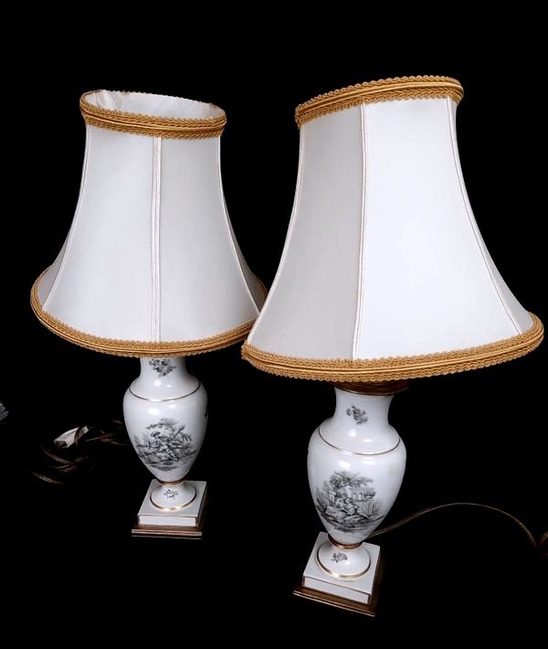 Pair Of Grisaille Porcelain Lamps (19th Century)