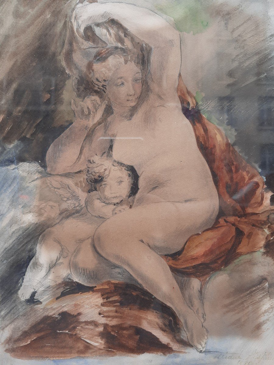 Watercolor On Paper - Naked Woman Combing Her Hair (20th Century)-photo-2