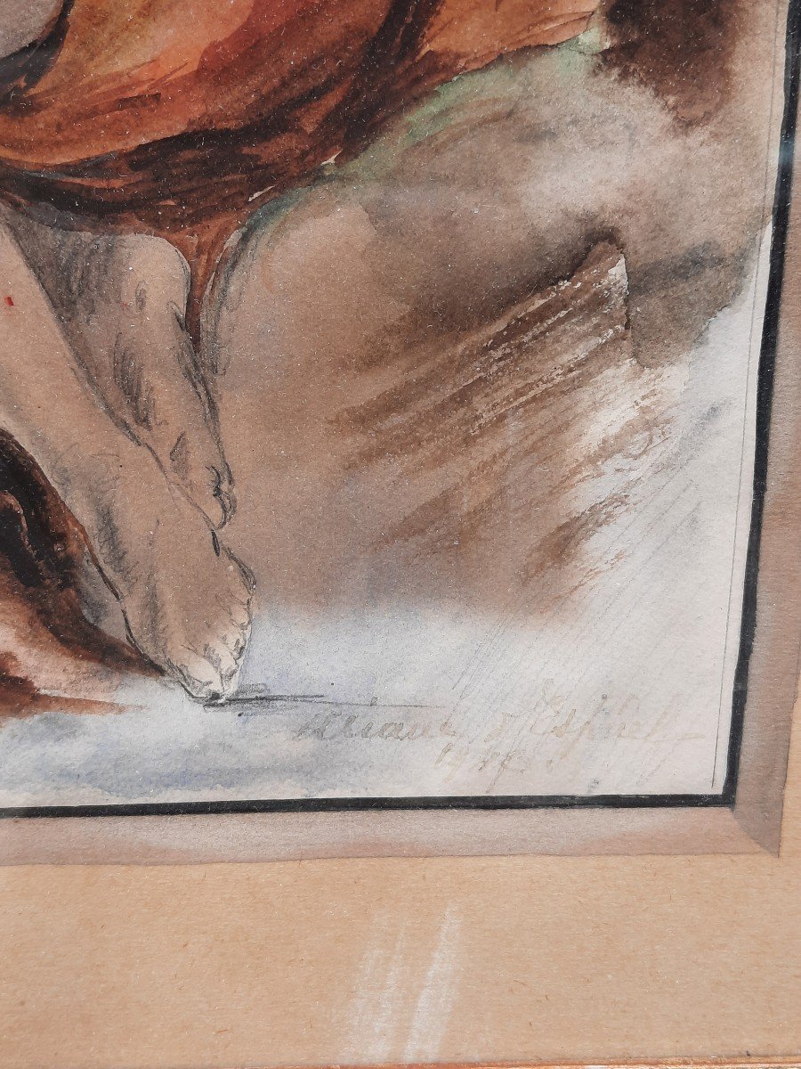 Watercolor On Paper - Naked Woman Combing Her Hair (20th Century)-photo-3