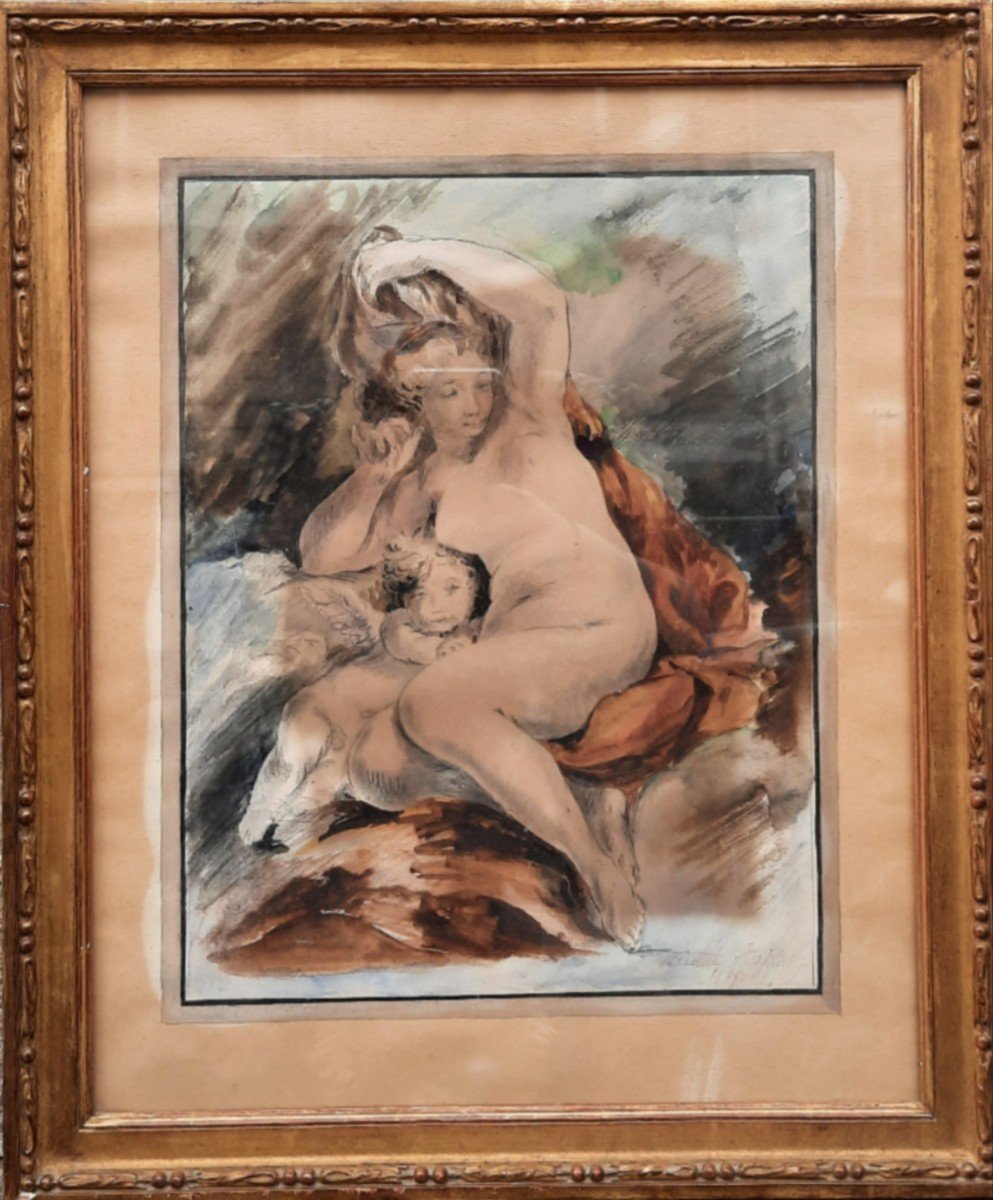 Watercolor On Paper - Naked Woman Combing Her Hair (20th Century)-photo-4