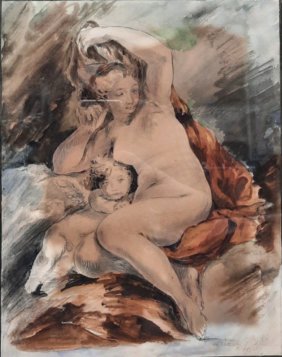 Watercolor On Paper - Naked Woman Combing Her Hair (20th Century)