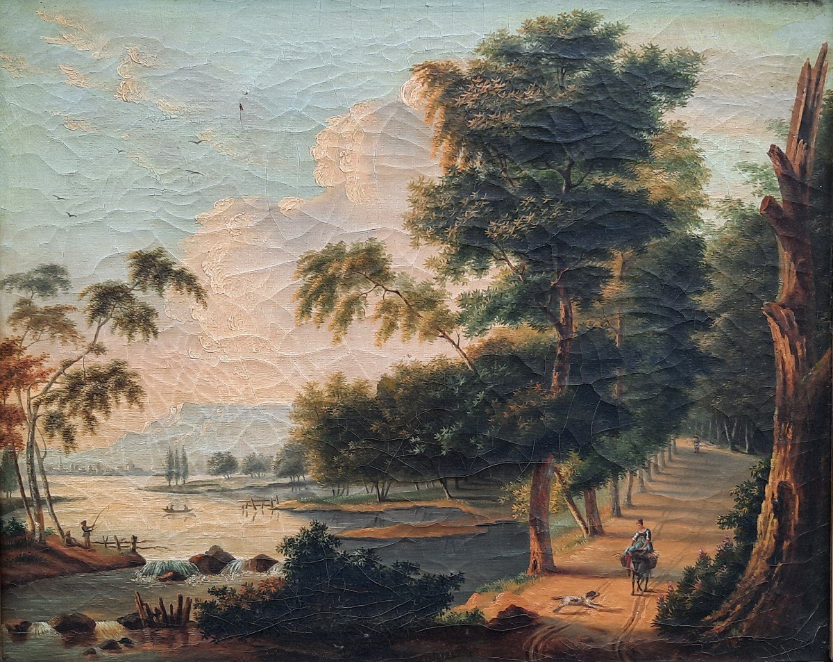 Huile Sur Toile - Paysage Avec Une Cavalière (xixe Siècle)