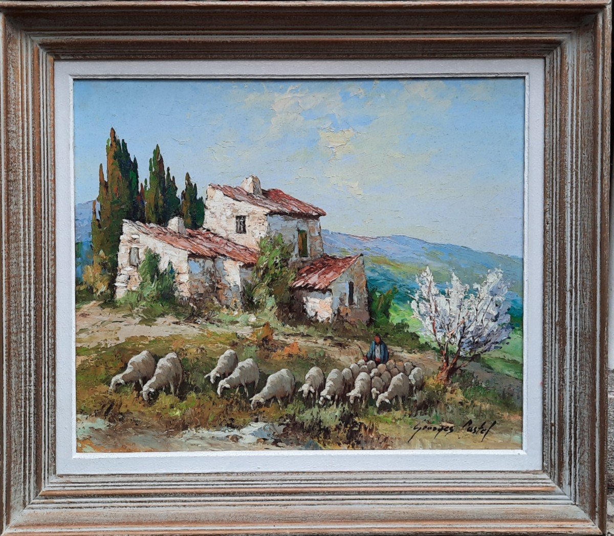 Oil On Hardboard - Sheep In Provence - By Georges Castel (20th Century)-photo-4