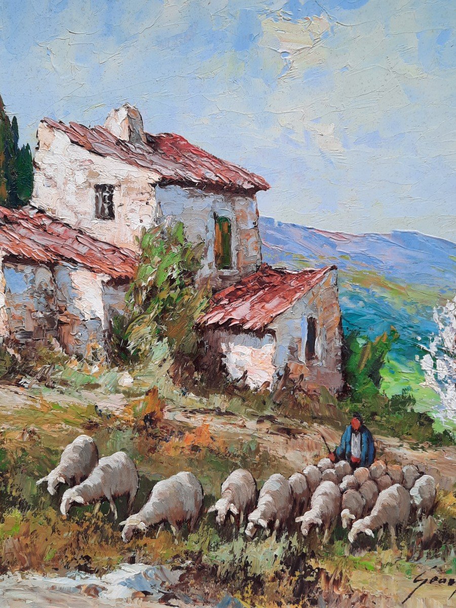 Oil On Hardboard - Sheep In Provence - By Georges Castel (20th Century)-photo-1
