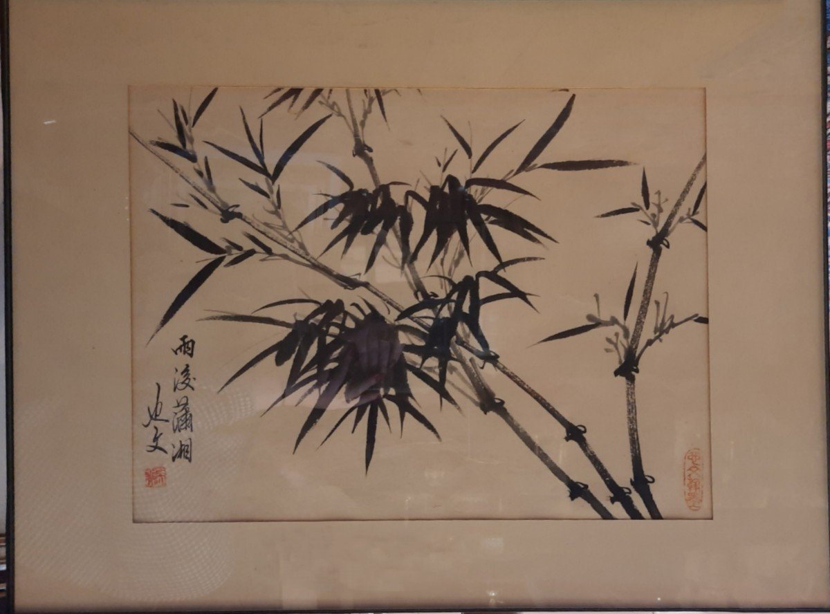 Ink Drawing On Paper - Bamboo Branch (asia - 20th Century)-photo-2