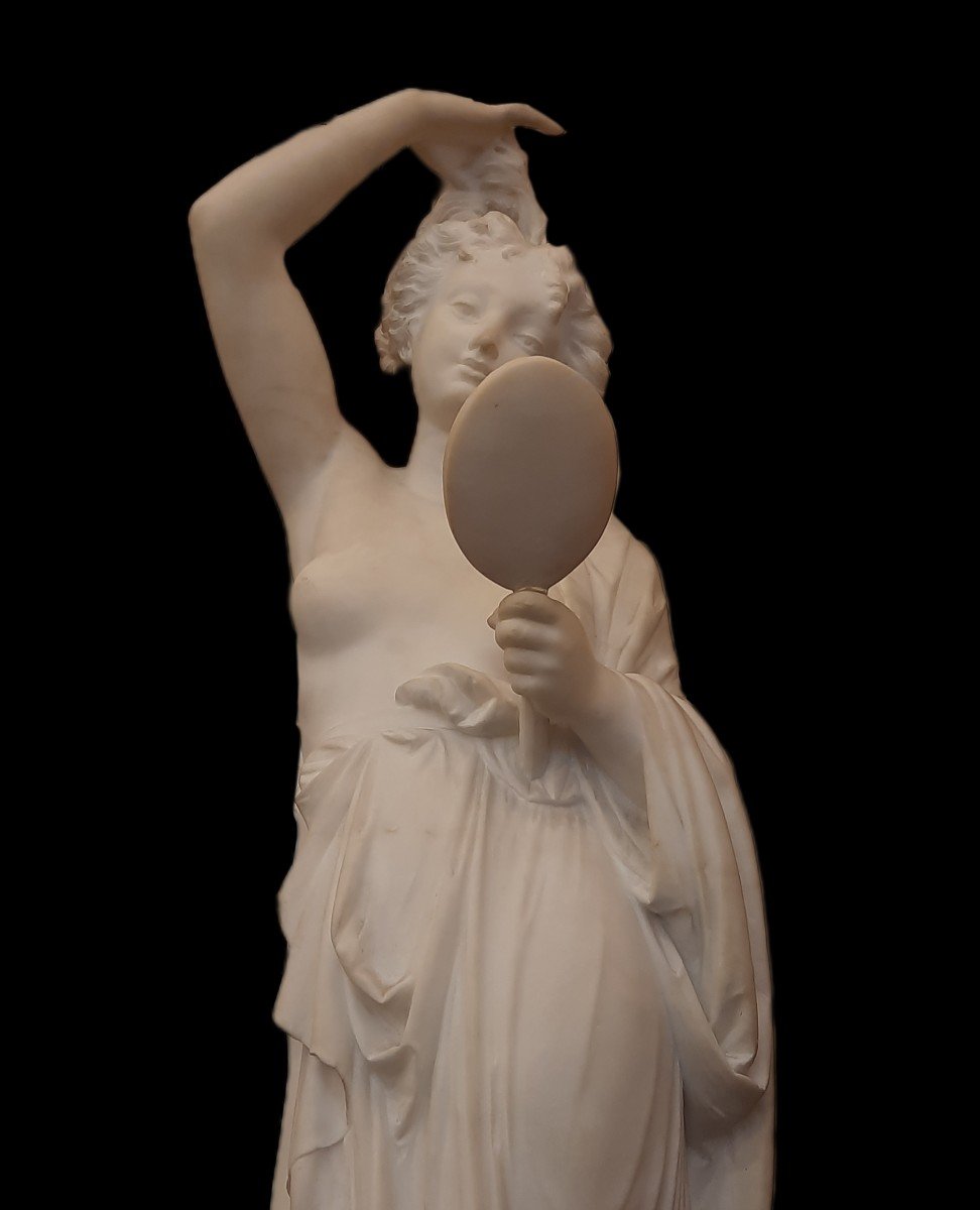 Sculpture En Marbre Femme Au Miroir De Carrier B. (xixe Siècle)-photo-4