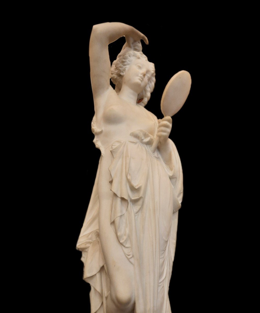 Sculpture En Marbre Femme Au Miroir De Carrier B. (xixe Siècle)