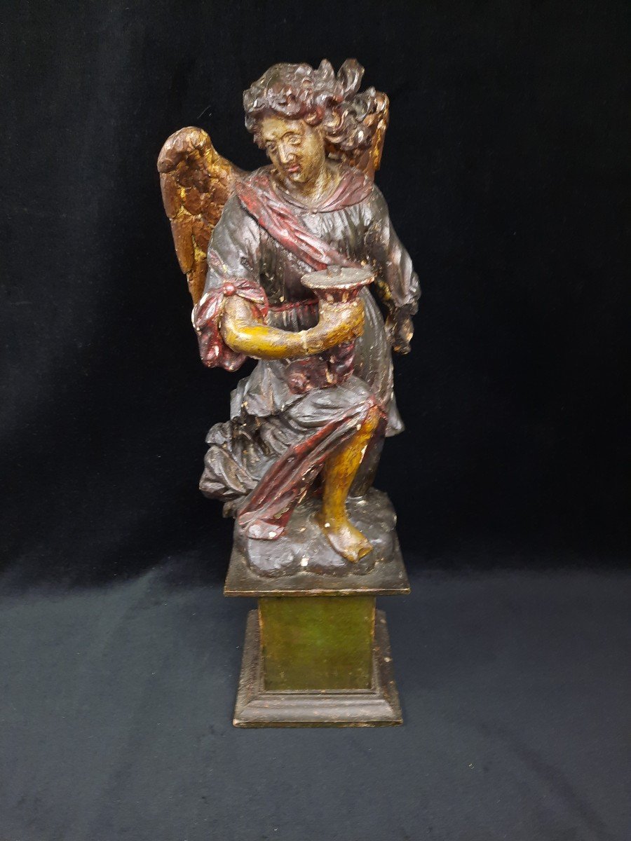 Sculpture En Bois Ange Adorateur (xixe Siècle)-photo-3