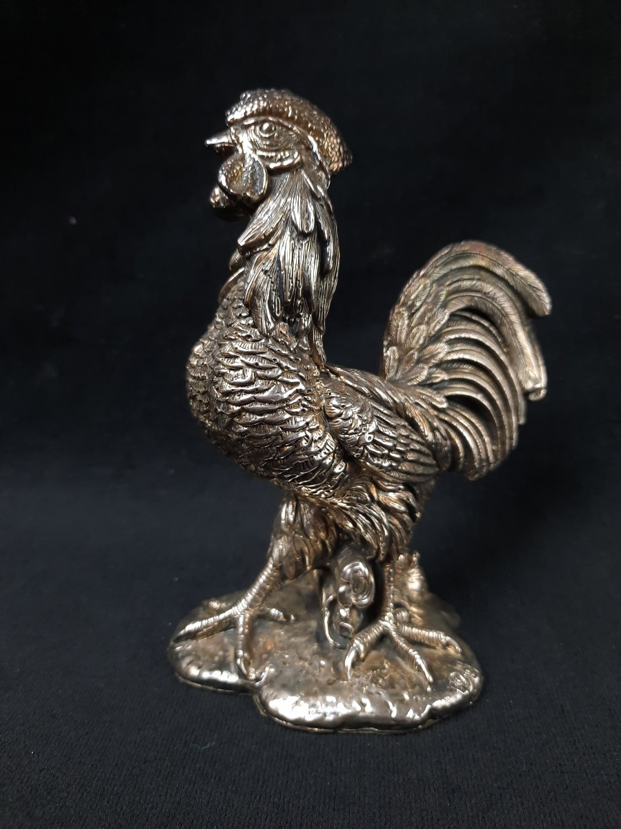 Sculpture d'Un Coq Recouvert d'Argent 